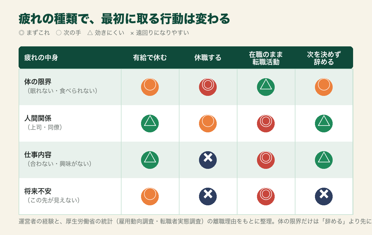 疲れの種類(体の限界・人間関係・仕事内容・将来不安)ごとに、有給・休職・在職のまま転職活動・次を決めず辞めるのどれを先に取るかを◎○△×で示した図